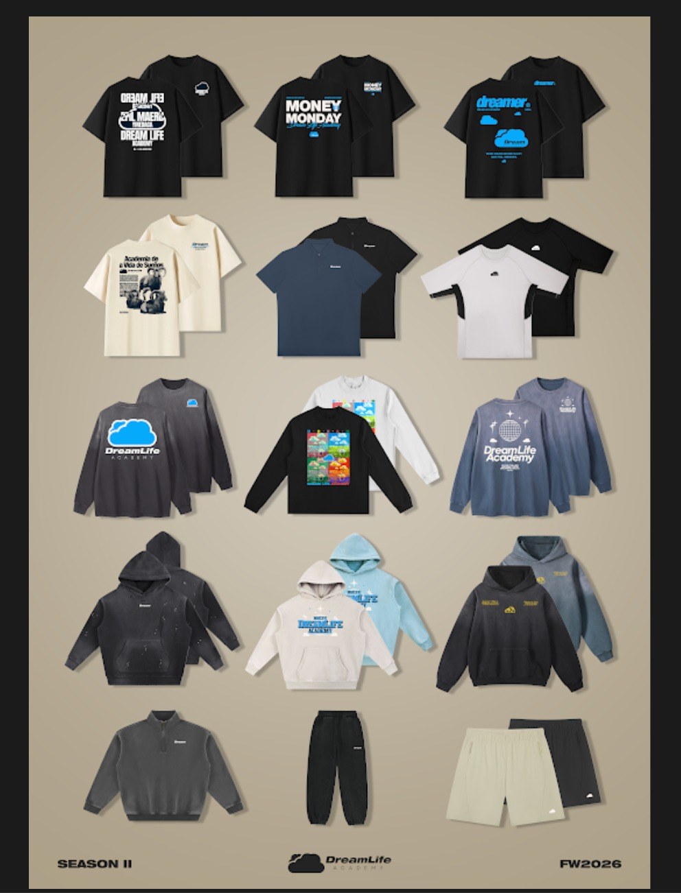 Dream Life collection concepts, including graphic tees, polos, long-sleeve shirts, hoodies, a quarter zip, joggers and shorts